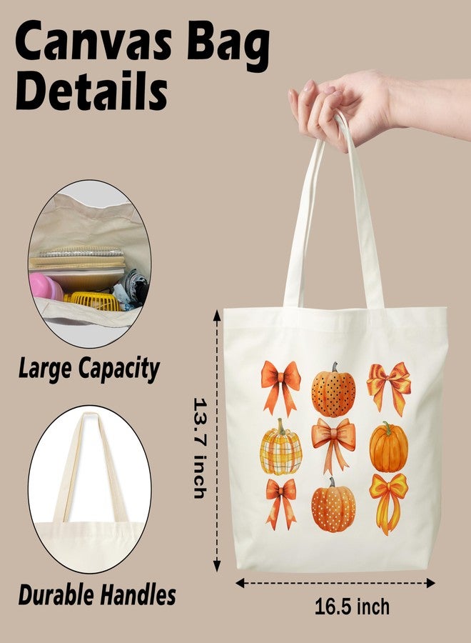 JUSITAKEET Bow Pumpkin Themed Canvas Tote Bag, Fall Gifts Bag For Women Men, Plain Pumpkin Canvas Shoulder Tote For Thanksgiving, Washable And Reusable Bags, 02 - Image 2